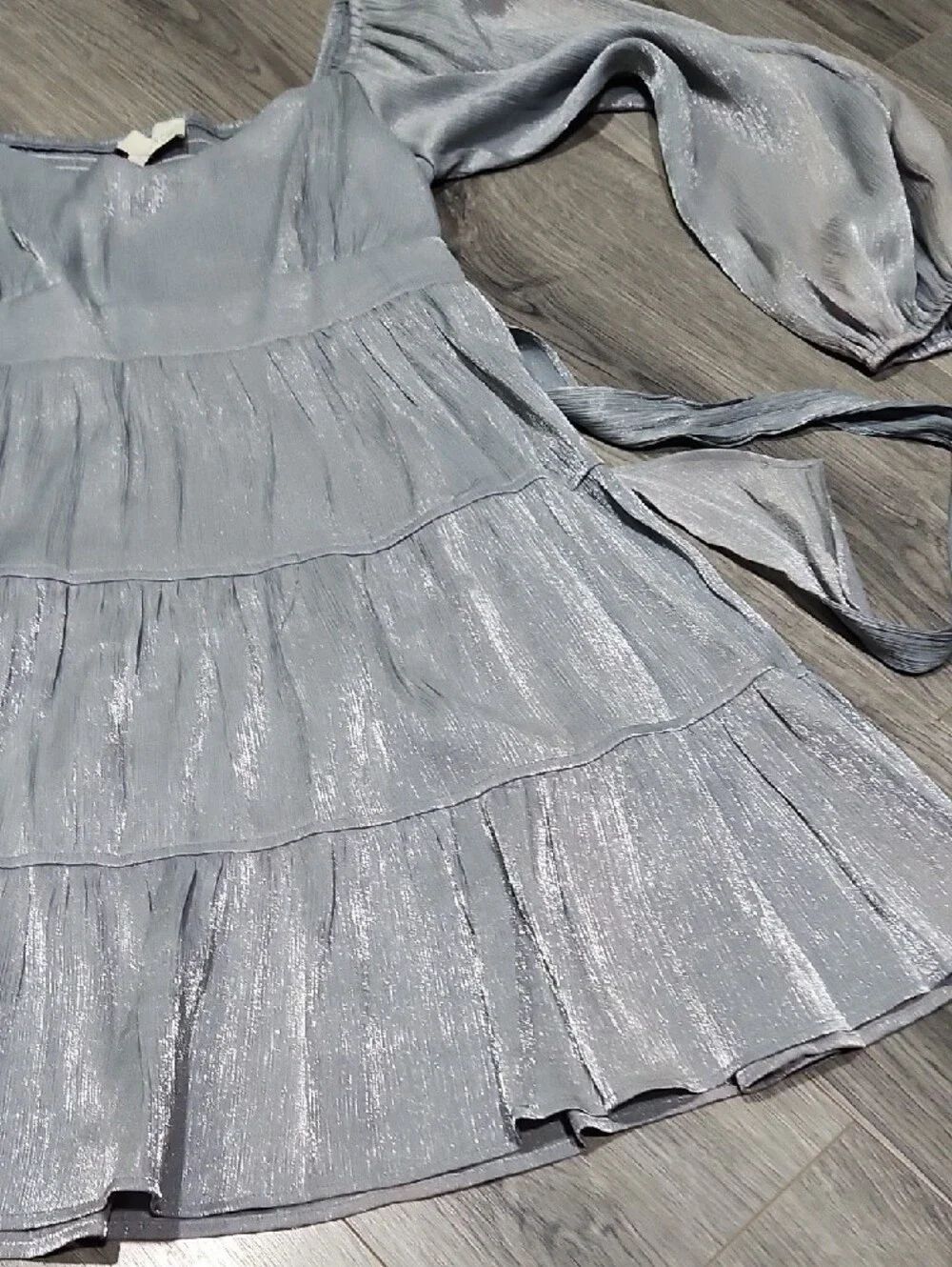 NWT Pinch Metallic Silver Shimmer Tiered Long-Sleeve Mini Dress - Picture 4 of 6